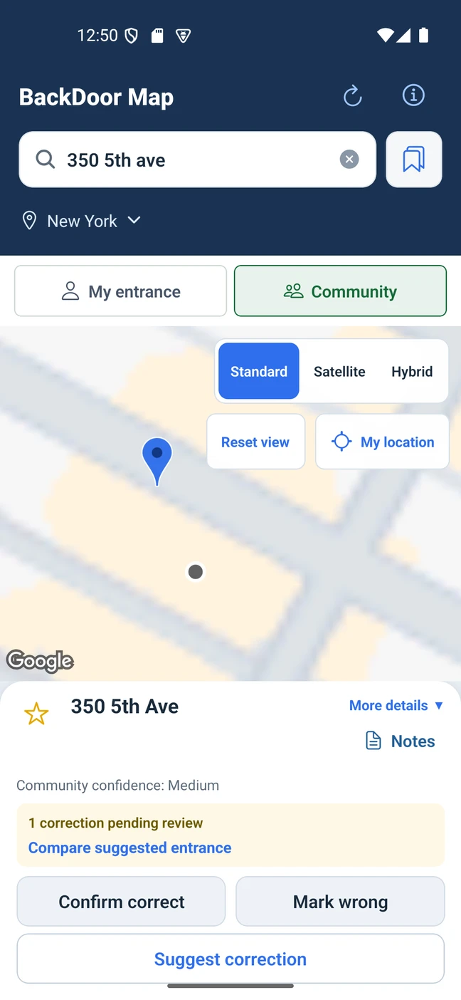 My entrance and Community options above the Empire State Building entrance report