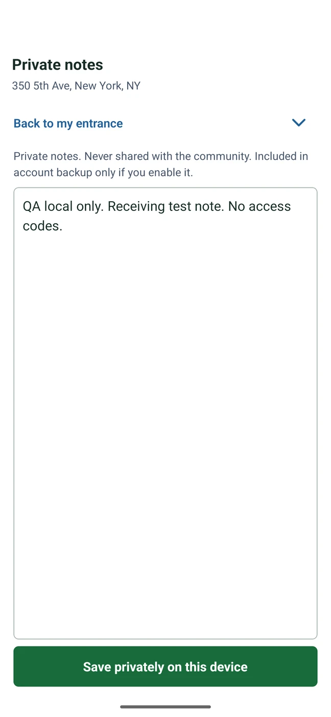 Private notes screen with disposable local test content