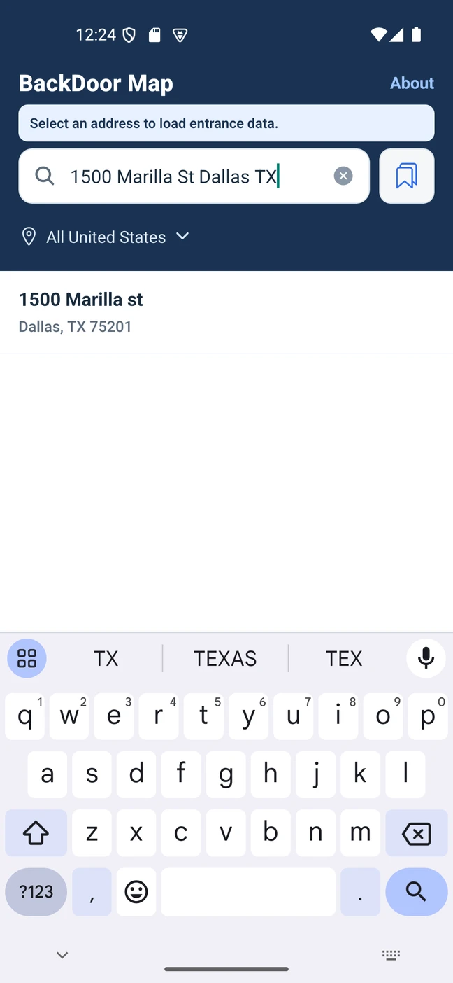 Android development build finding 1500 Marilla Street in Dallas, Texas